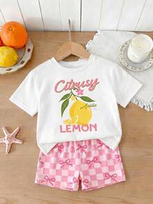 Young Girls T-Shirt Set, Summer Sweet OOTD Girls Contrast Color Lemon Short Sleeve Set, Sweet Bow Plaid Shorts, Children 2 Pieces Set - Multicolor - View 3