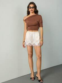 SHEIN Tall Women's White Summer Elegant Sleep Satin Lace Trim Loose Shorts, Elastic Waist Ruffled Bloomers, Casual Cream Vacation Outfits, Elegant Spring Look, Tall Women - Apricot - View 3