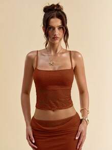 SHEIN BAE Women's Summer Lace Patchwork Camisole Top And Mini Skirt Casual Sexy 2 Pieces Set Vacation Rust Brown - Rust Brown - View 4