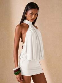 SHEIN BAE Vestido mini casual de fiesta de unicolor con cuello halter para mujer - Blanco - Ver 4