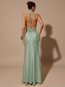 SHEIN BAE Đầm maxi satin đen tuyền gợi cảm cổ chữ V sâu, eo yếm, phối ren khoét rỗng, dáng đuôi cá, thích hợp cho tiệc cocktail, hẹn hò lãng mạn, họp mặt, sự kiện trang trọng, váy phù dâu, váy dạ hội, Giáng sinh, Năm mới, Ngày Valentine, tiệc trà, hoặc bất kỳ dịp nào khác. - Màu xanh Bạc hà - Xem 2