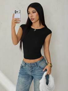 SHEIN PETITE 95%棉黑色蕾絲拼接短袖露背上衣－優雅性感，適合派對、雞尾酒會、夜店及跨年之夜，女款春夏上衣，適合嬌小女性 - 黑色 - 查看 6