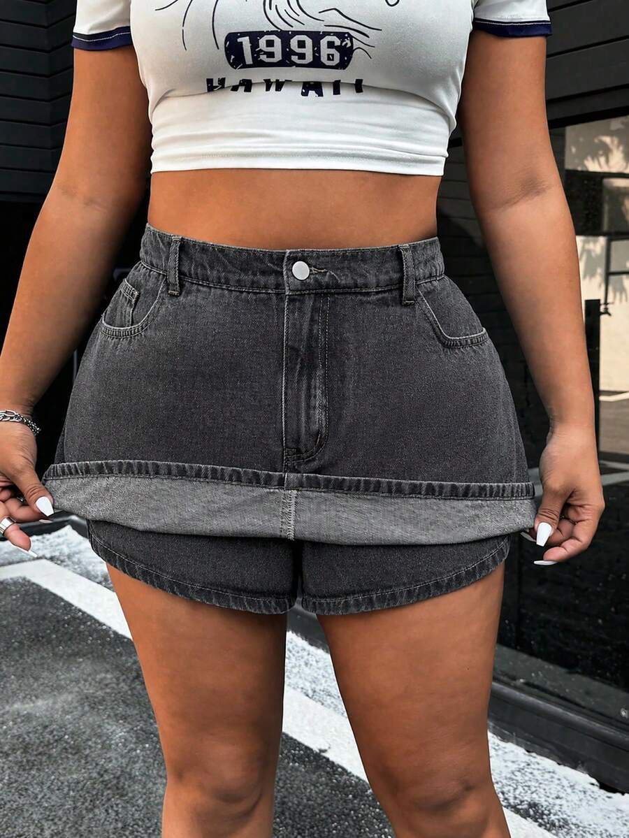 SHEIN ICON Plus Size Washed Denim Casual Shorts For Summer - Grey - View 1