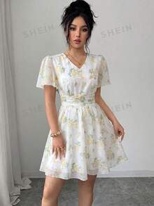 Modelyn 法国设计褶皱数码印花短款连衣裙，女士款 - 黃色 - 查看 6