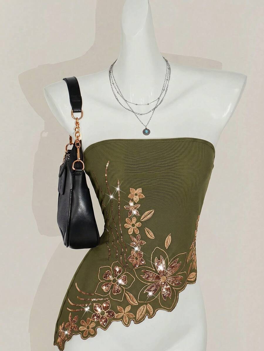 SHEIN ICON Y2K夏季女士外出复古波西米亚风度假闪亮刺绣亮片黑色不对称下摆刺绣抹胸上衣,时尚 - 軍綠色 - 查看 1