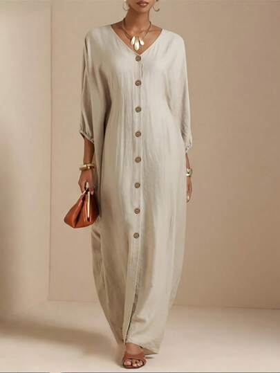 Vesra 女士纯色V领单排扣休闲派对连衣裙