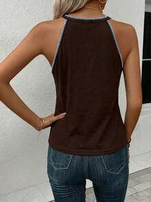 SHEIN LUNE 夏季百搭休闲简约度假时尚纯棉棕色刺绣贝壳蕾丝边吊带背心（女款） - 彩色 - 查看 3