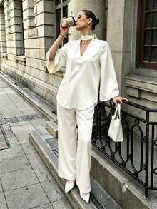Modelyn V-Neck Tie Flare Sleeve Satin Blouse & Loose Wide Leg Pants 2 Pieces Set, Champagne Color - Champagne - View 6