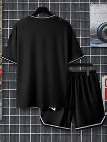 Manfinity Homme Men's Casual Letter & Basketball Print T-Shirt & Shorts Set, Summer - Black - View 2