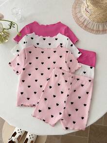 SHEIN 6pcs Baby Girl Knitted Solid Color Heart Pattern Pajama Set, Includes Top And Shorts - Multicolor - View 2