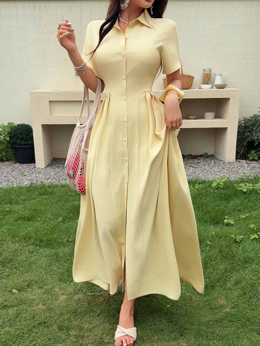 DAZY Elegant Waist Cinched Long Dress, Casual For Spring & Summer - Light Yellow - View 1