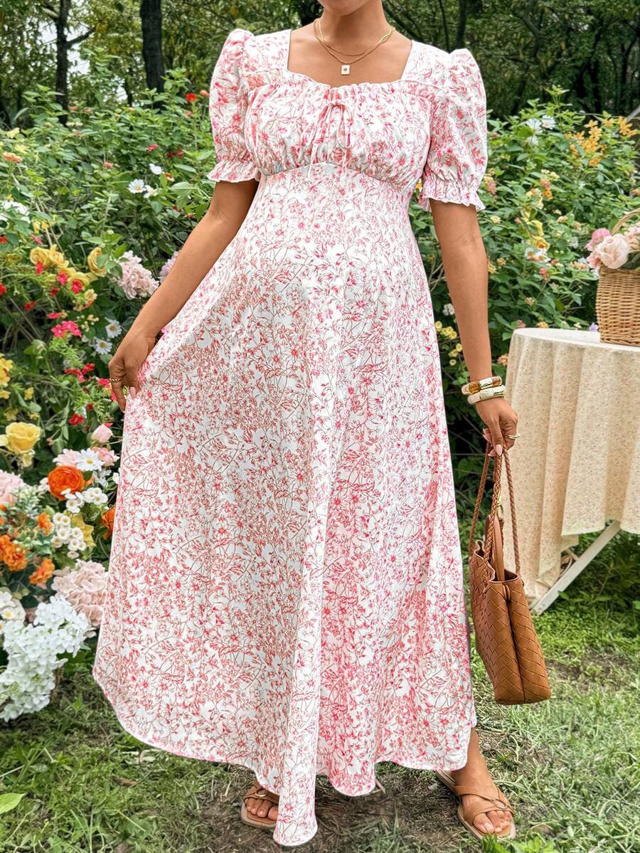 SHEIN Đầm bầu in hoa kiểu dáng thường ngày - Hồng - Xem 1