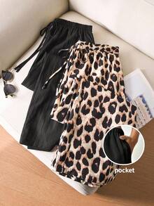 SHEIN Cosyjoi Plus Size Casual Textured Chiffon Basic Straight Leg Pants Leopard Print Pants Animal Print Pants Wide Leg Pants Black Pants Drawstring Waist Pants - Multicolor - View 4