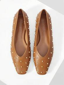 MOTF RIVET DETAIL SQUARE TOE FLATS - Brown - View 1