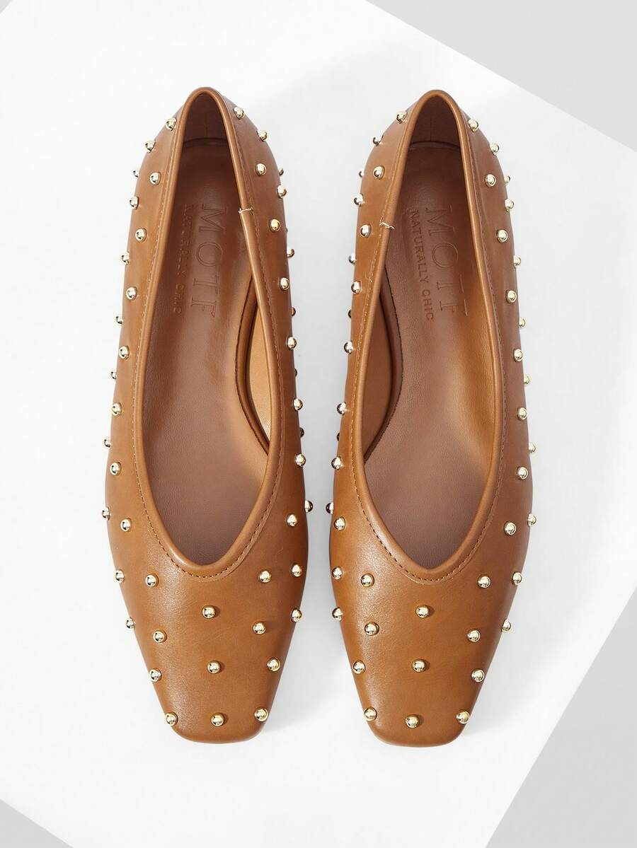 MOTF RIVET DETAIL SQUARE TOE FLATS - Brown - View 1