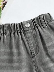 SHEIN Playful Pals 女童牛仔短裤，夏季新品，中度水洗灰，甜美休闲度假时尚街头风，百搭简约，全松紧腰带，卷边宽松牛仔短裤，柔软舒适棉质牛仔面料，无弹力，适合日常外出、聚会、上学通勤，2026春夏新款 - 淺灰色 - 查看 6