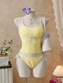 Swim Mod 26SS 春夏度假沙滩可爱蓝色蕾丝花朵蝴蝶结比基尼两件套 - 黃色 - 查看 4