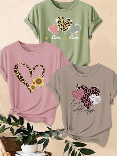 EMERY ROSE Camiseta de manga corta casual y versátil con estampado de corazón para mujer de talla grande