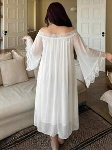 Dazy Plus Plus Size Women Contrast Lace Sexy Long Sleeve Chiffon Maxi Nightgown, Spring/Summer - White - View 3