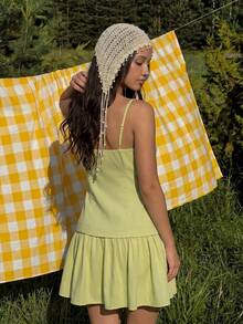 MainGRL Pale Yellow Square Neck Beaded Strap Tiered Mini Dress,Women Lime Green Cottage Core Summer Picnic Holiday Easter Spring Break Coquette Outfit - Green - View 2