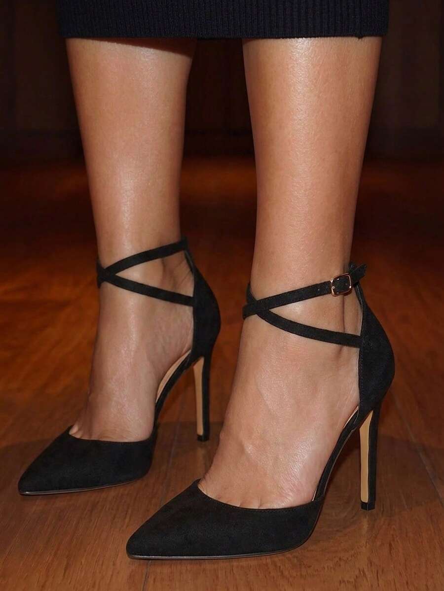 Glitzique Women's Red Suede Leather Deer Fur Ribbon Buckle Decor Stiletto High Heel Pumps, New 2026 Model,Elegant,Party Spring Shoes Summer Shoes - Black - View 1