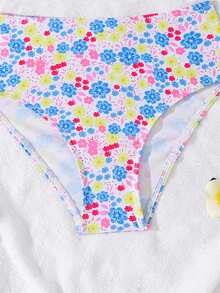 SHEIN 两件套少女格子碎花弹力速干舒适针织面料连体泳衣套装，适合游泳池、海滩、冲浪、度假、夏季旅行 - 彩色 - 查看 5
