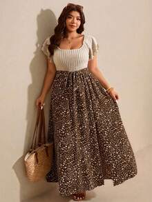 SHEIN Elaquor Plus Size Women Patchwork Color Block Open Slit Casual Party Dress - Brown - View 6