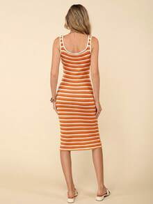 Coeurva Vestido casual de verano para vacaciones, de punto texturizado y con rayas, ajustado - Naranja - Ver 5