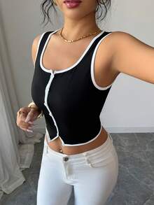 SHEIN PETITE Áo ba lỗ không tay màu đen trắng dành cho nữ, cài cúc phía trước, dáng ôm, kiểu áo croptop. - Đen và trắng - Xem 3