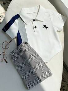 2件套男宝宝可爱都市校园休闲短袖polo衫和松紧腰格子裤套装，适合生日派对、晚宴、演出、婚礼、迎婴派对、一周岁生日庆祝等场合。 - 彩色 - 查看 4
