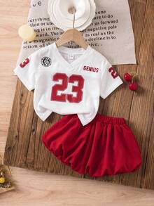 SHEIN 女婴可爱休闲街头风红色情人节字母印花卫衣+红色碎花裙两件套 - 紅色 - 查看 3