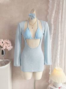 Bộ bikini 3 mảnh màu hồng pastel thanh lịch, gợi cảm mới về của Bonvoyette dành cho nữ, gồm áo khoác ngoài mềm mại, áo tam giác buộc dây cổ với dây đeo mỏng có thể điều chỉnh, quần cạp cao, và váy ngắn tay dài bằng vải dệt kim mờ co giãn, kiểu dáng lãng mạn, phong cách Y2K, hoàn hảo cho kỳ nghỉ hè ở bãi biển, tiệc bể bơi và nghỉ dưỡng, lễ hội âm nhạc, đám cưới và các dịp lễ khác. - Màu xanh nhạt - Xem 6