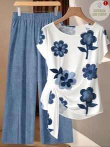 Plus Size Floral Print Round Neck Ruffle Short Sleeve Top And Solid Color Elastic Waist Pants Casual 2 Piece Set Zoey Outfit Zipper Top Zoo Outfit Women Pijams Summer Set For Woman - Multicolor - View 1