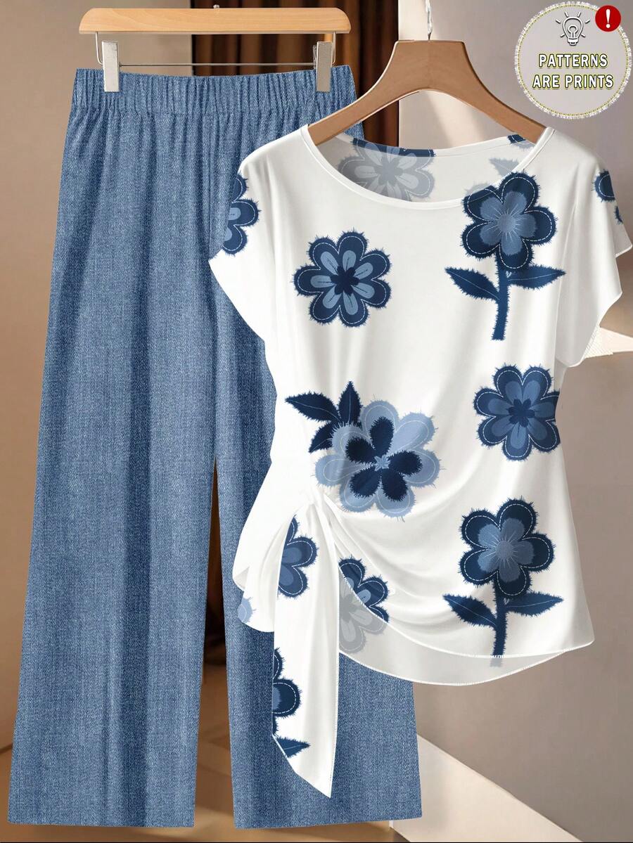 Plus Size Floral Print Round Neck Ruffle Short Sleeve Top And Solid Color Elastic Waist Pants Casual 2 Piece Set Zoey Outfit Zipper Top Zoo Outfit Women Pijams Summer Set For Woman - Multicolor - View 1