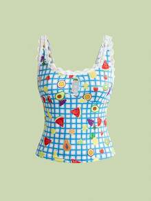 ROMWE Avant Top ajustado de mujer con estampado de frutas tropicales, sandía, piña, encaje y calado - Multicolor - Ver 1