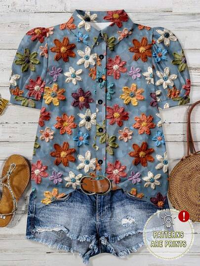 Mellowie Plus Size Women Floral Print Single-Breasted Casual Versatile Daily Wear Shirt