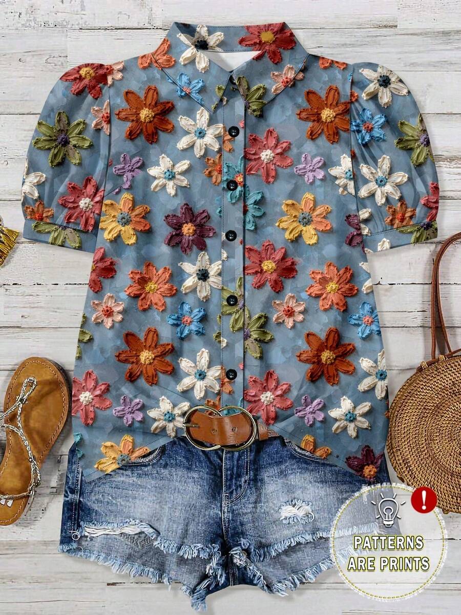 SHEIN LUNE 大码女式印花单排扣休闲百搭日常衬衫 - 彩色 - 查看 1