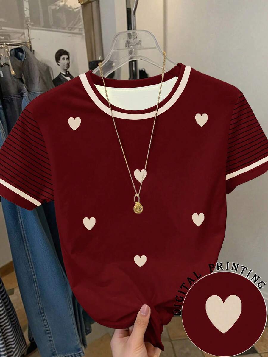 SHEIN Kaos Lengan Pendek Motif Hati Merah & Putih Retro Lucu dan Manis untuk Anak Perempuan - MultiWarna - View 1