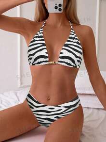 SHEIN Swim Vcay Bộ bikini cổ chữ V họa tiết da báo năm 2025 - Đen và trắng - Xem 3