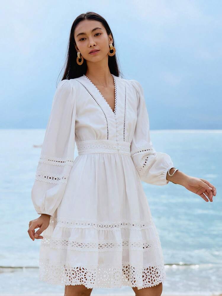 Ladies Lace Patchwork Elegant Midi Dress,Ruffle,Fall Dress Long Sleeve Dress
