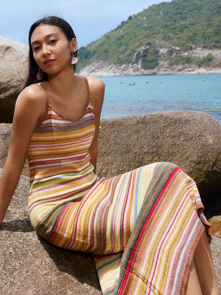 1pc Women Sleeveless Striped Slim Long Spaghetti Strap Dress Summer,Casual Women Dresses