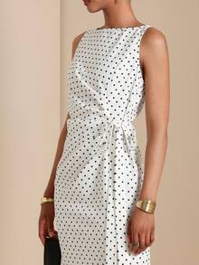 Vesra 女士优雅波点印花系带长连衣裙，夏季 - 白色 - 查看 6