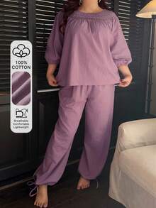 Dazy Plus 女士优雅紫色两件套睡衣，法式宫廷风宽松短袖睡衣，大码，春夏款 - 紫色 - 查看 1