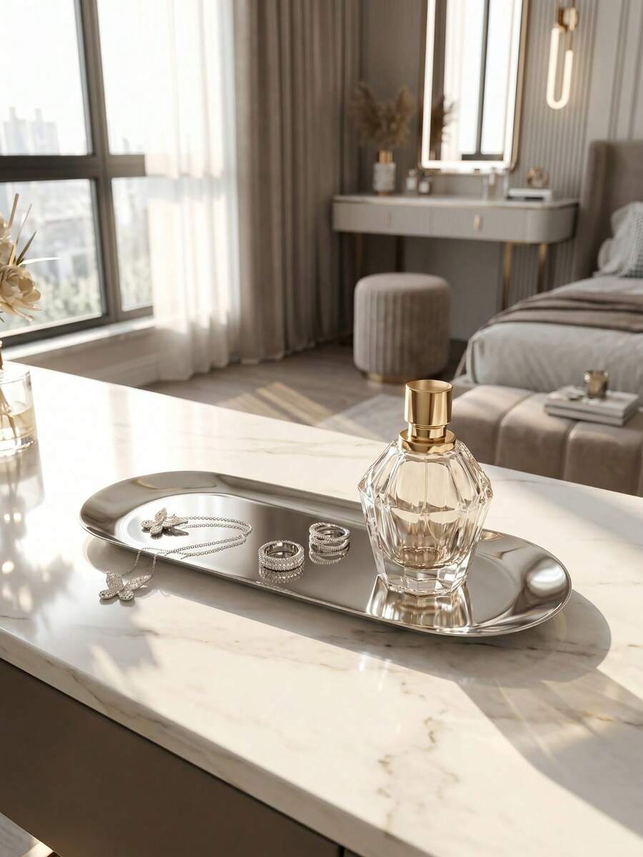 Zazumi 1PC Silver Luxurious Metal Storage Tray, Shaped Jewelry Display Tray, Home Decoration Serving Plate, Oval Craft For Table Organizer (7/8.7/10.2 Inch)