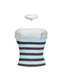 ROMWE Kawaii Top bandeau de moda con estampado de rayas y lunares y decoración de lazo para mujer - Celeste - Ver 2