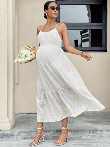 MaterniWear 夏季服装、孕妇工作服、孕妇工作套装、孕妇工作连衣裙、女士商务休闲装、女士办公室着装、白色提花面料孕妇连衣裙，后背饰有蝴蝶结，优雅的吊带设计，适合通勤和外出。纯色蝴蝶结装饰孕妇休闲派对外出吊带裙 - 白色 - 查看 11