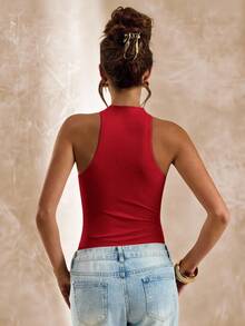 SHEIN BAE Bodysuit Tanpa Lengan Asimetris dengan Potongan Warna Aprikot, Bodysuit Ketat untuk Wanita, Musim Semi/Panas - Merah - View 2