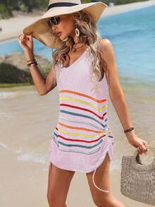 SHEIN Swim Vestido de playa de verano para mujer con diseño a rayas de bloques de color, cordón y volantes sin mangas - Rosa Pálido - Ver 6
