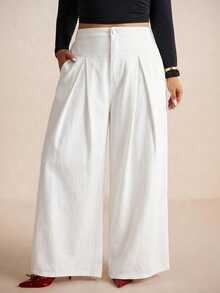 Elaquor Plus Size Casual Versatile Solid Color High Waist Wide Leg Jeans - White - View 5