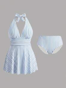 Sweetra CURVE Plus Size Women 2pcs Striped Print Ruched Waist Halter Neck Bikini Set, Mature & Minimalist Design, Casual Holiday Swimwear For Summer Beach Vacation - Multicolor - View 1